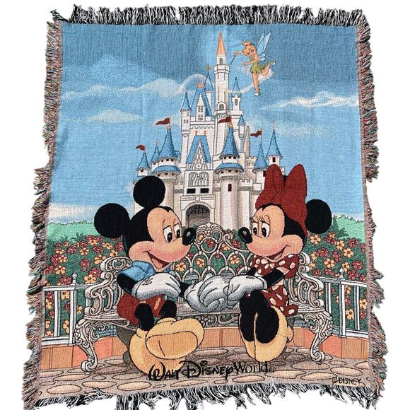 90s Walt Disney World Tapestry Throw Blanket Castle Mickey Minnie TinkerBell - Picture 1 of 3